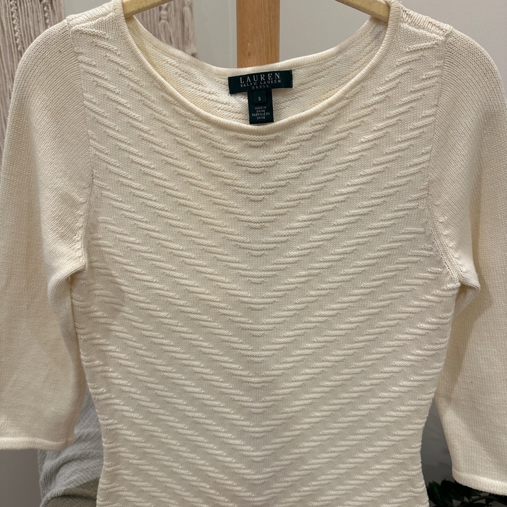 Lauren Ralph Lauren Cream Textured Knit Sheath Dress Small, 3/4 sleeve - Picture 3 of 6